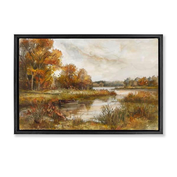 Stupell Industries Fall Scenic River Boat by LSR Design Studio Black Floater Frame Nature Graphic Art Print 17 in. x 25 in.