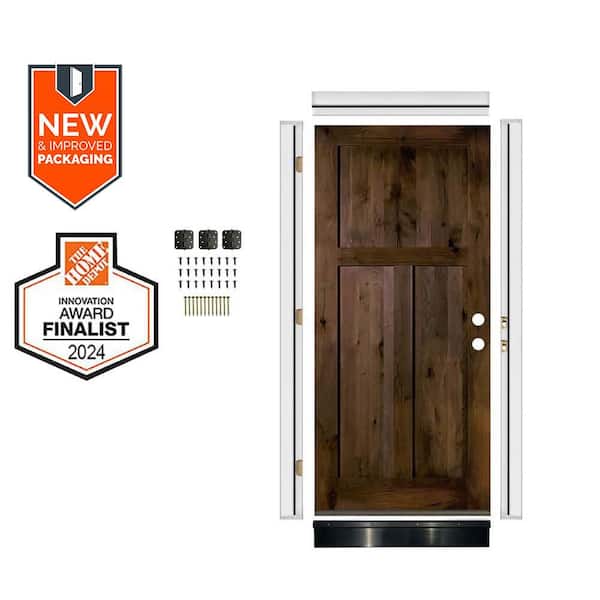 36in.x80in. Rustic Knotty Alder 3-Panel Left-Hand Black Stain Wood Assembly Required Front Door Kit w/QuickAssembleJamb