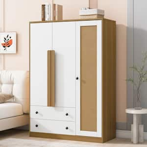 White and Natural Wood 47.2 in. 6-Door Rattan Wardrobe Armoire with 2-Drawers, Storage Shelves, Hanging Rail