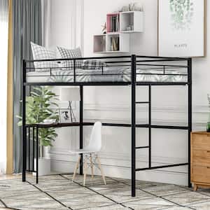Black Twin Size Metal Loft Bed with Built-in Desk and Ladder, Full-Length Guardrails
