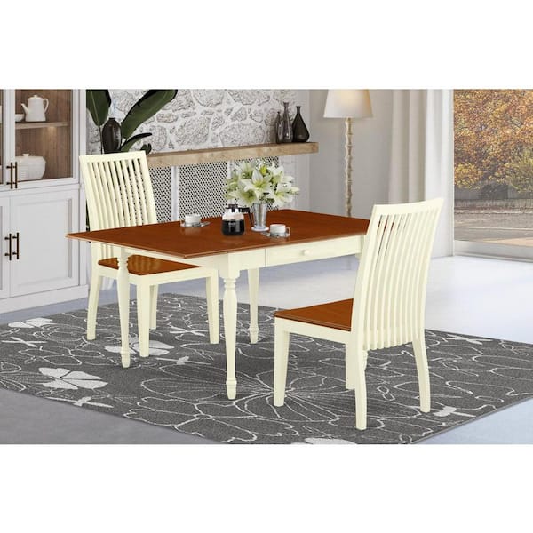 East West Furniture 3-Piece Buttermilk and Cherry Finish Solid Wood Top With Dropleaf Dining Table Set