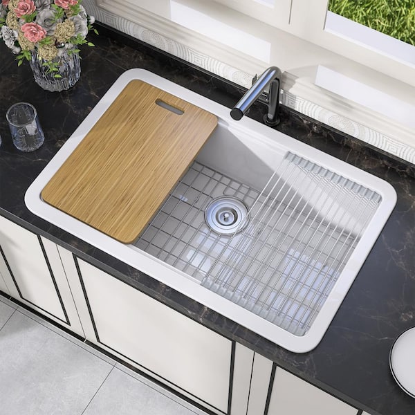 Zeafive 33 in. Modern Drop-In/Undermount White Single Bowl Fireclay Farmhouse Kitchen Sink with Bottom Grids And Cutting Board