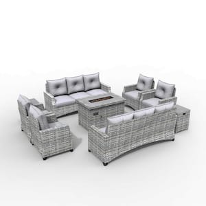 Daraly Gray 9-Piece Wicker Patio Fire Pit Conversation Sofa Set with Gray Cushions