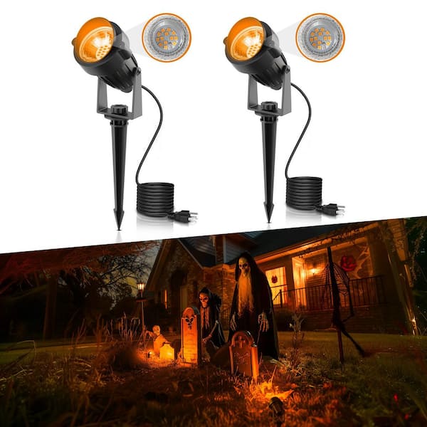 IP66 Black Plug-in Outdoor Integrated LED Landscape Flood Lights 5-Watt Orange Dusk to Dawn Spotlights for Yard (2-Pack)