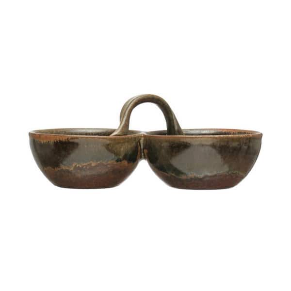 Storied Home 3.87 in. x 7.75 in. 2-Compartment Brown Reactive Glaze Stoneware Divided Serving Dishes