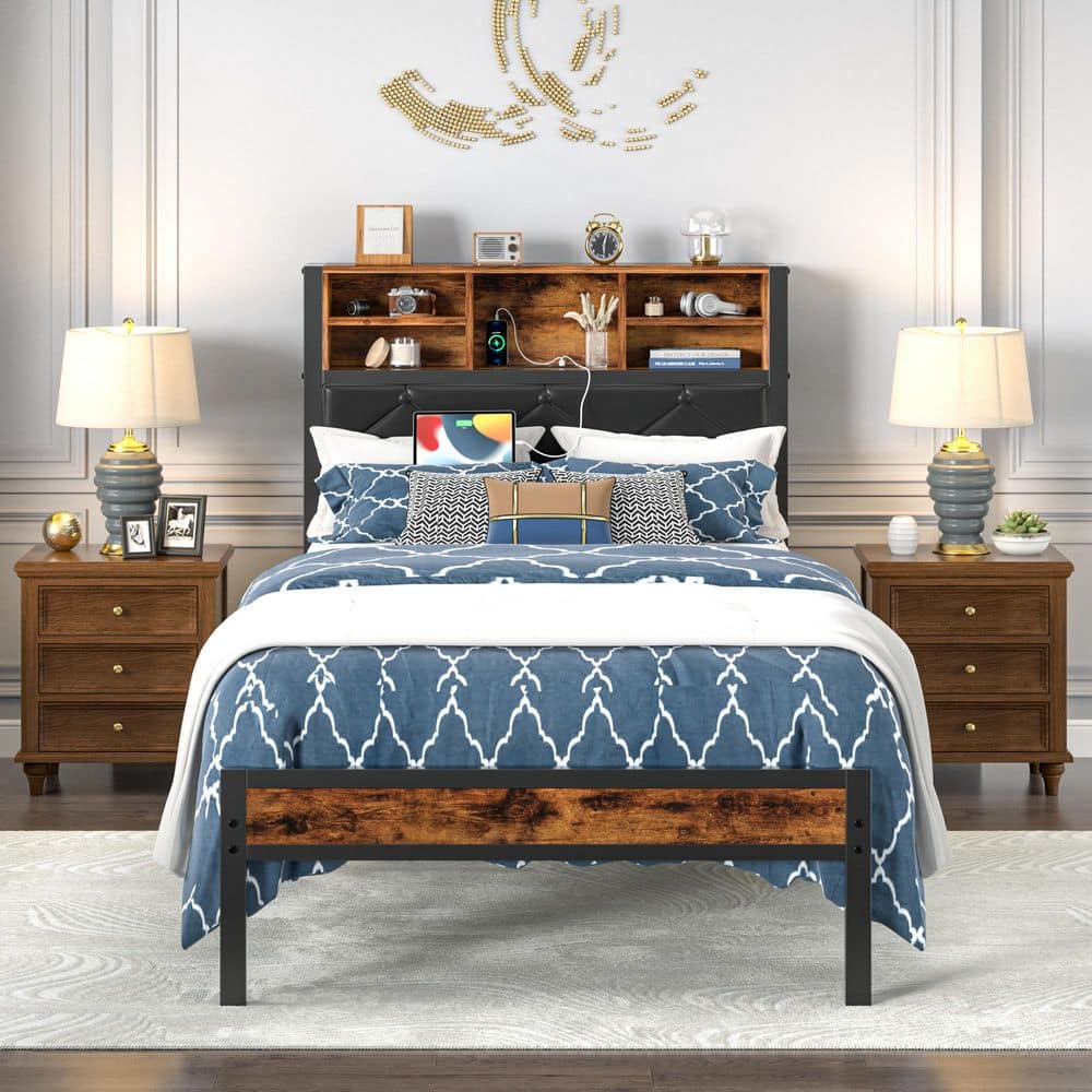 Bed Frame with Headboard, Brown Metal Frame Queen Platform Bed with USB Charging, LED Lights, No Box Spring Needed