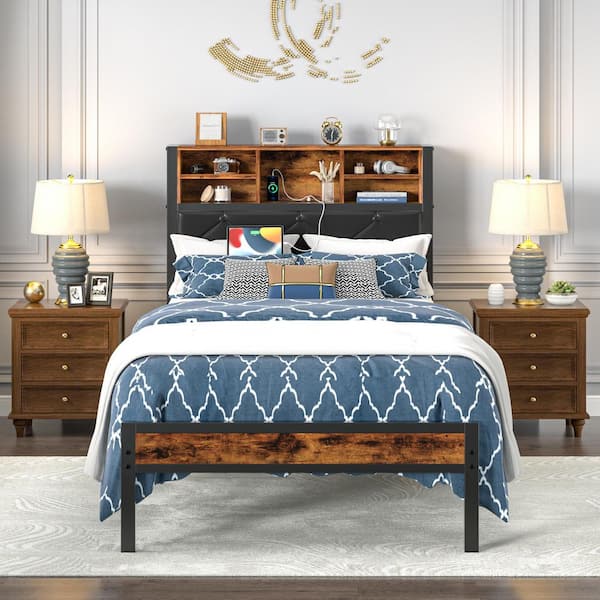 VECELO Metal Bed Frame with Headboard, USB Charging, LED Lights, Storage, No Box Spring Needed, Twin Brown Platform Bed Frame
