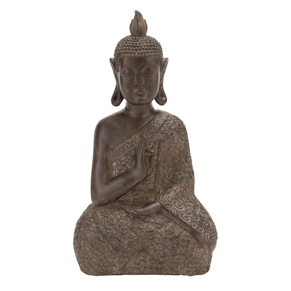 Litton Lane Brown Polystone Meditating Buddha Sculpture with Engraved Carvings and Relief Detailing