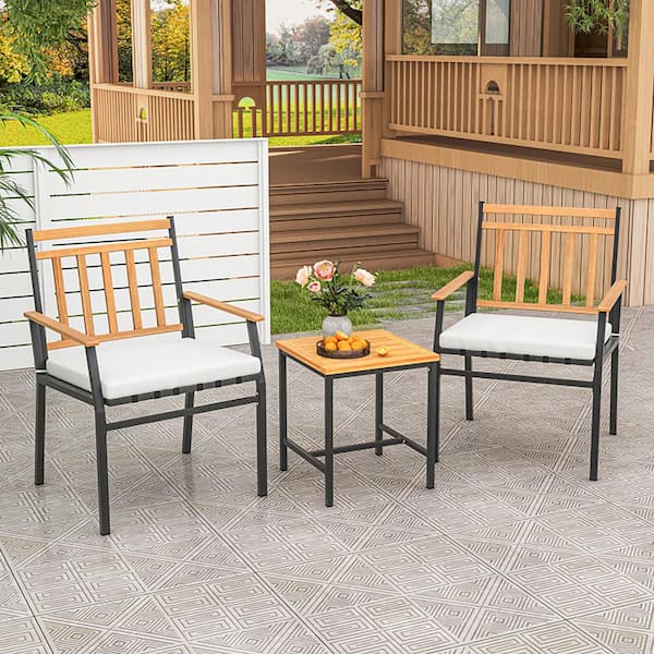 Boyel Living 3 Piece Acacia Wood Outdoor Furniture Set Patio Conversation Set with Cushions-White