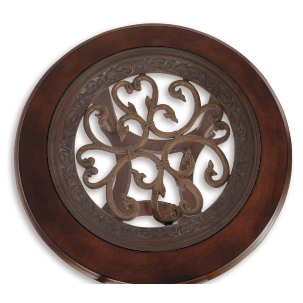 Round Dark Brown Wood and Glass End Table