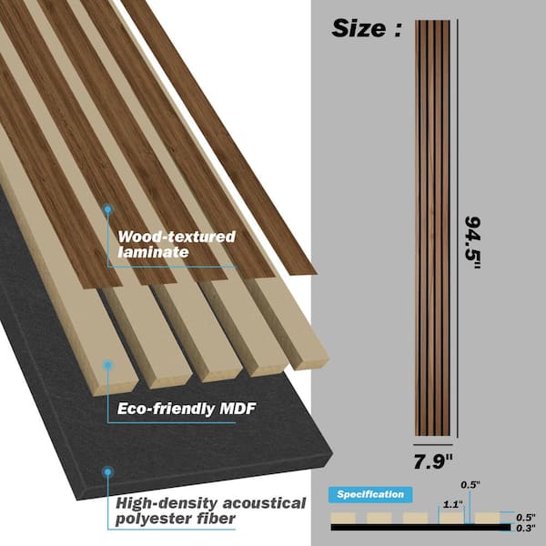 Walnut 0.83 in. x 0.65 ft. x 8 ft. Wood Slat Acoustic Panels, MDF Decorative Wall Paneling (4 Piece/21 sq. ft.)