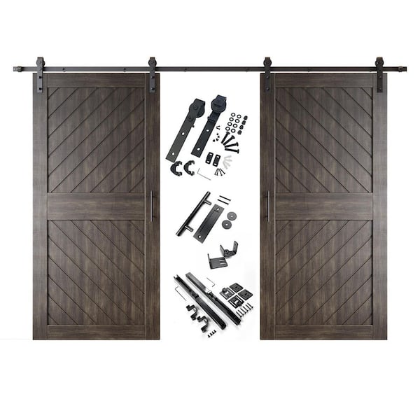 HOMACER XT3 36 in. x 84 in. C-Panel Ebony Slanted Stripe Design Double Pine Wood Sliding Barn Door with Hardware Kit