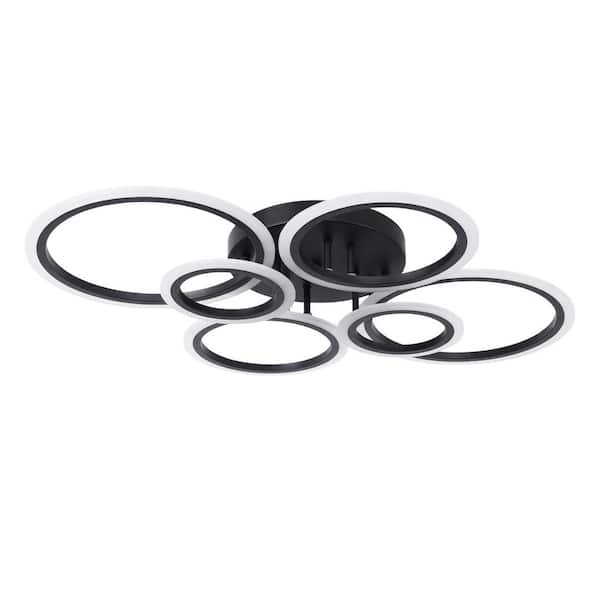 32 in. 6-Light Cluster Matte Black and White Rings Modern LED Flush Mount Ceiling Light for Bedroom, Kitchen Living Room