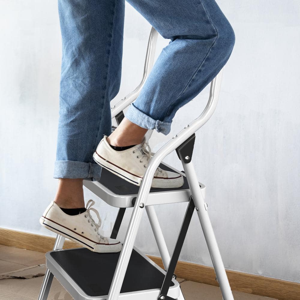 White Foldable 2-Step Steel Ladder with Handrails and Tool Bag