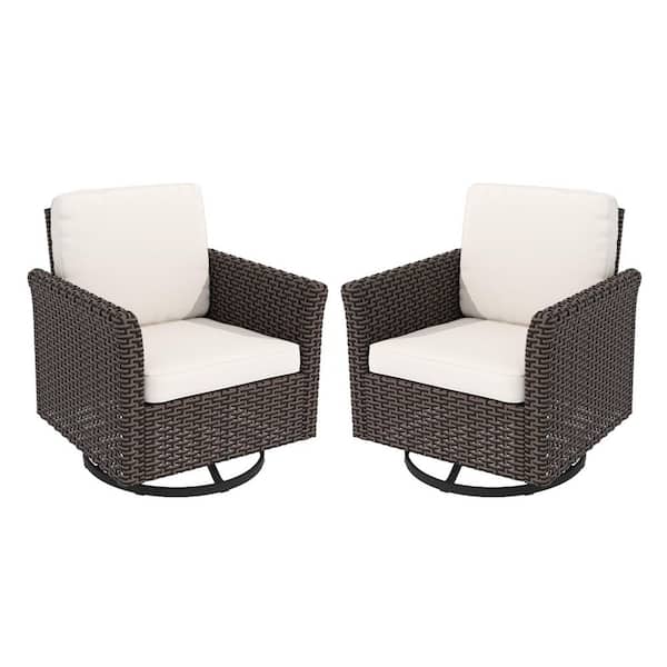 LATTOY Wicker Outdoor Rocking Chair Patio Swivel with Beige Cushions (2-Pack)