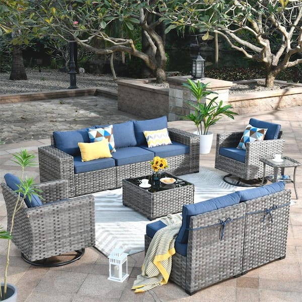 HOOOWOOO Tahoe Grey 9-Piece Wicker Outdoor Patio Conversation Sofa Set with Swivel Rocking Chairs and Denim Blue Cushions