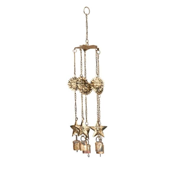 Litton Lane 18 in. Brass Metal Sun and Stars Windchime with Bells