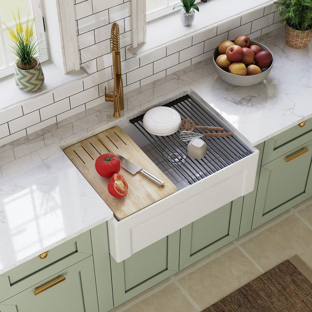 【KITCHEN DIARY】（T-25） DEERVALLEY 30 in. Farmhouse Single Bowl White Fireclay Workstation