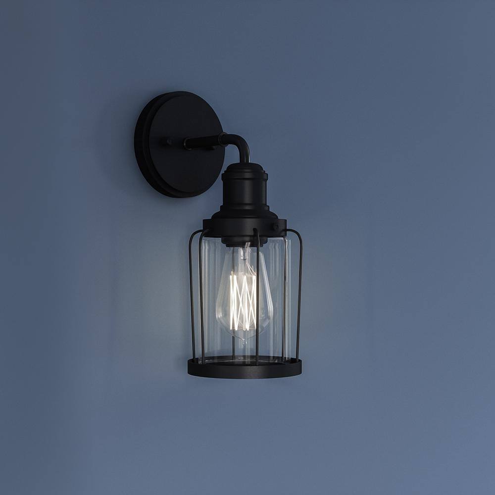 Dimmable Black Steel Cylinder Wall Sconce with Clear Glass Shade