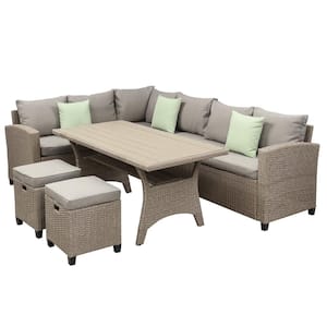 5-Piece Wicker Patio Conversation Set with Beige Cushion, Dining Table Chair with Ottoman and Throw Pillows