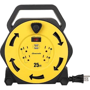 25ft. 16/3-Gauge Heavy Duty SJTW - 13Amp, Retractable Extension Cord Reel with 4 Outlets, 2-USB Ports (3.4A Fast Charge)