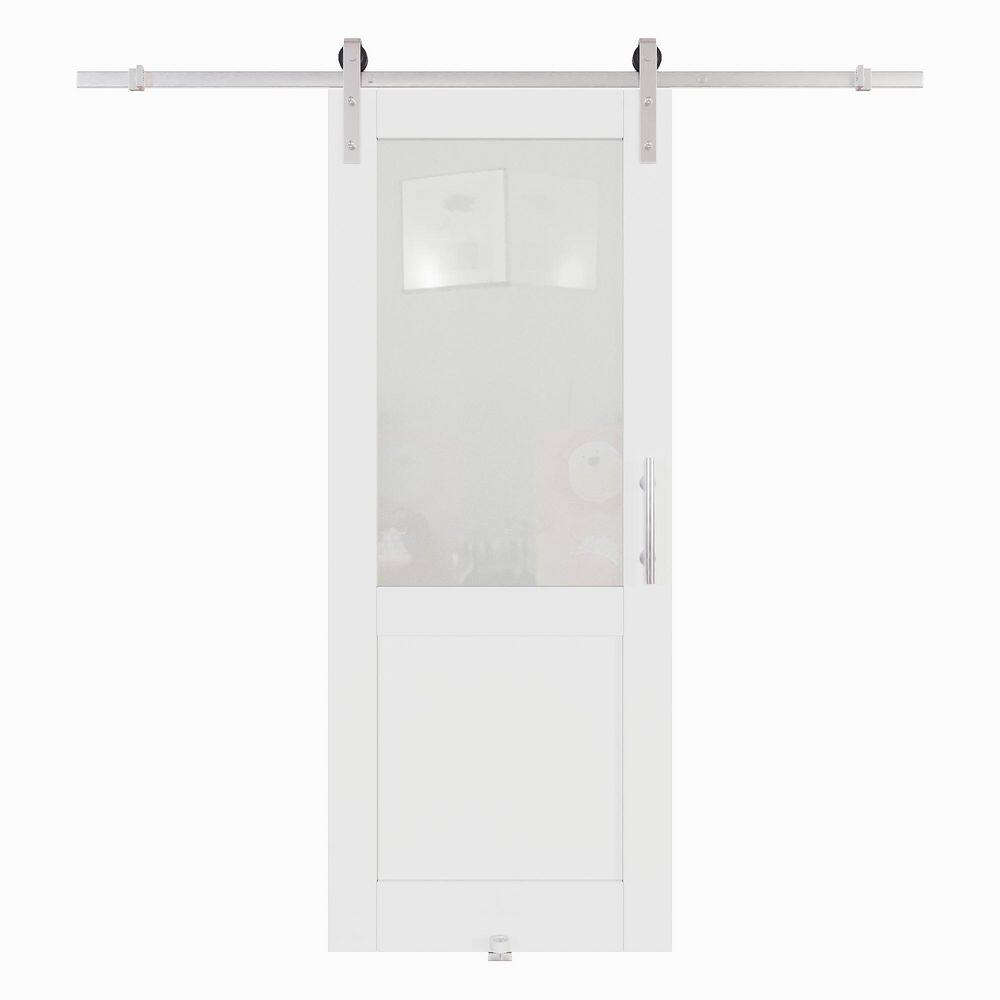 32 in. x 80 in. 1/2-Lite Frosted Glass White MDF Sliding Barn Door with Hardware Kit Nickel Plated and Pantry Sticker price history on PriceWatchPro