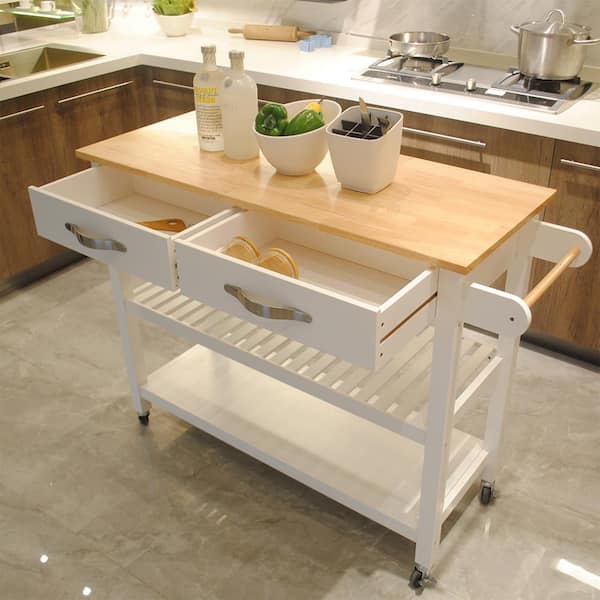 3-piece White Rubber Wood 45 in. Kitchen Island Set with 2