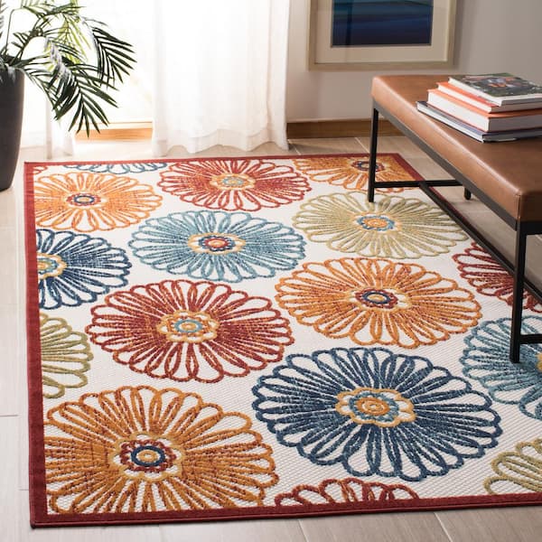 Cabana Cream/Red Doormat 2 ft. x 4 ft. Border Floral Indoor/Outdoor Area Rug