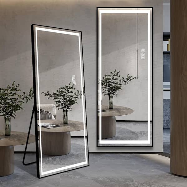 Black 21 in. W x 65 in. H Rectangular Full Length Mirror with Lights