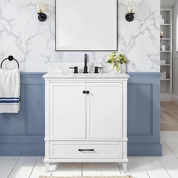 Merryfield 31 in. Single Sink White Bath Vanity with White Carrara Marble Top (Assembled)