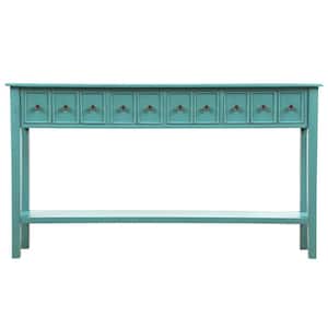 60 in. L Blue Rectangle Wood Rustic Entryway Console Table Long Sofa Table with Two Size Drawers and Bottom Shelf