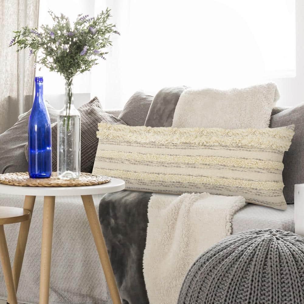 Cream and Gray Rectangular Luxury Throw Pillow with Gold Thread, 14 x 36 inches