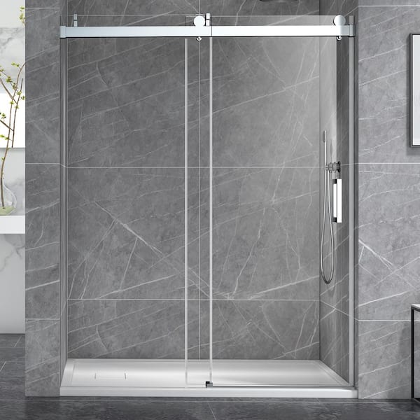 TOOLKISS 60 in. W x 76 in. H Sliding Frameless Shower Door Soft Close in Brushed Nickel Finish with Clear Glass