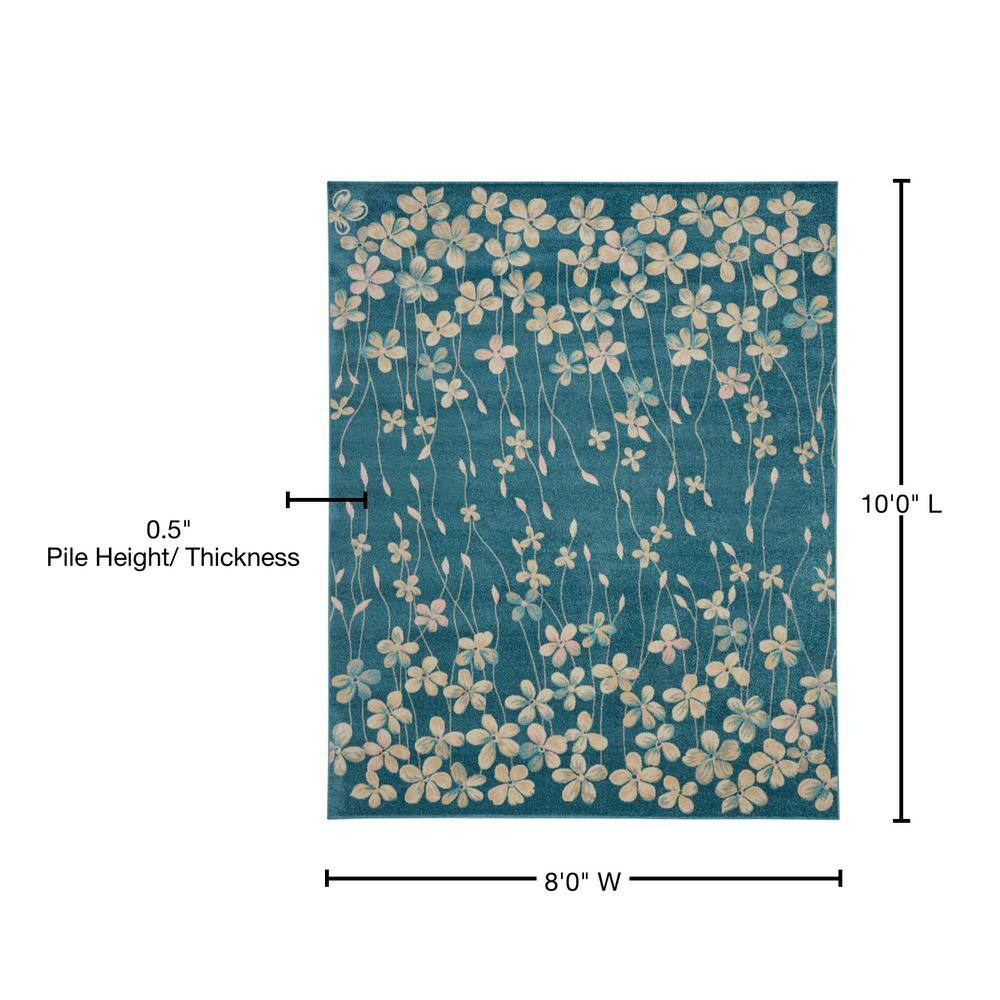 Handmade Turquoise Floral Viscose Rectangular 8' x 10' Rug