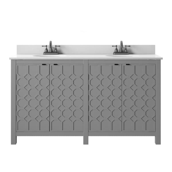 Twin Star Home 60 in. W x 20 in. D x 38.25 in. H Double Bathroom Vanity Side Cabinet in Huron Gray with Stone White Top