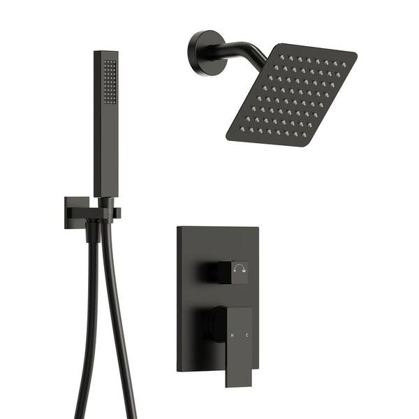 6 in. 2-Spray Square High Pressure Wall Bar Shower Kit with Hand Shower 2.5 GPM in Matte Black (Valve Included)
