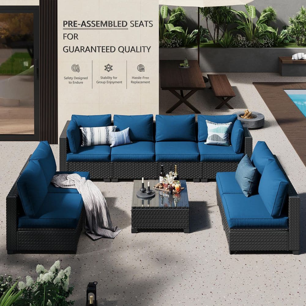 Hav Rattan 9p Stabenton 9-Piece Wicker Rattan Outdoor Patio Conversation Sectional ...