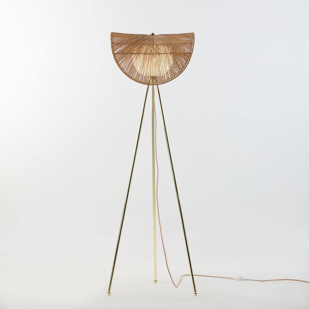 Adjustable Brass Tripod Floor Lamp with Rattan Shade