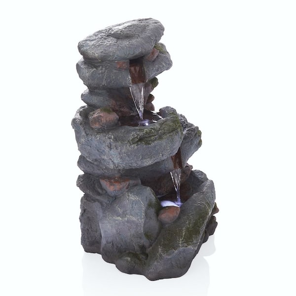 22 in. Tall Outdoor 3-Tier Rock Waterfall Floor Fountain with LED Lights