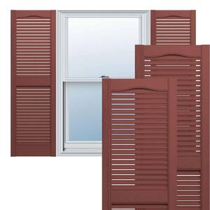 12 in. x 70 in. Lifetime Vinyl Custom Cathedral Top Center Mullion Open Louvered Shutters Pair Burgundy Red