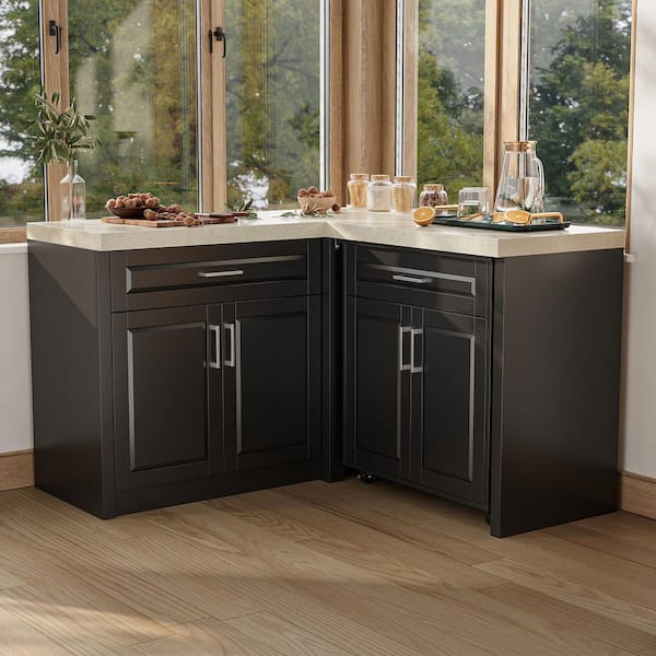 Homsee Black Marble-Look Wood Top 50.9 in. Buffets with Rolling Cabinet, Drop Leaf Extension and Drawer Storage, Sideboards