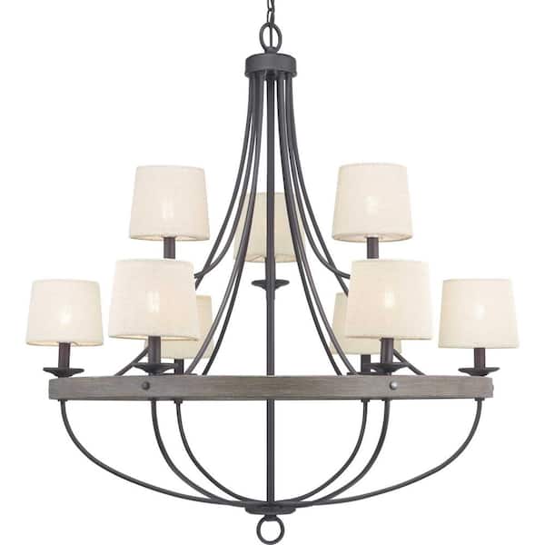 Progress Lighting Gulliver Collection 35-1/4 in. 9-Light Graphite Coastal Chandelier with Weathered Gray Wood Accents for Dining Rooms