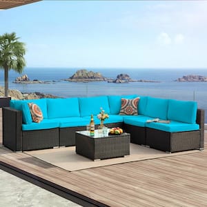 7-Pcs Wicker Outdoor Sectional Set with Light Blue Cushions and Coffee Table