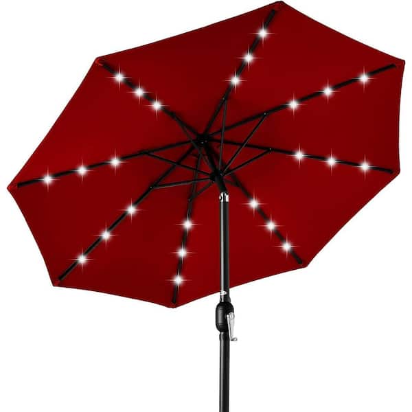 Dyiom 10 ft. Aluminum with Tilt Umbrella Solar Powered Polyester LED Lighted Patio Adjustable Red Beach Word Umbrella