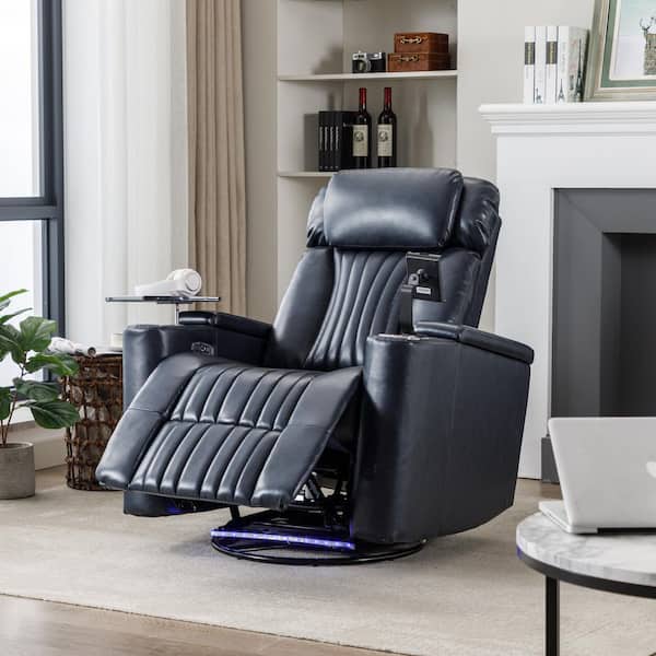 Nestfair Blue PU Leather 270° Swivel Recliner with LED Light Strip and Cell Phone Holder