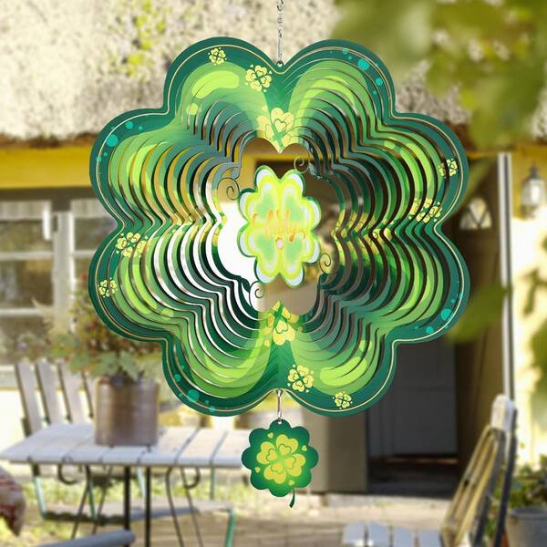 12 in. H Green and Yellow Metal Steel Spring Shamrock Metal Wind