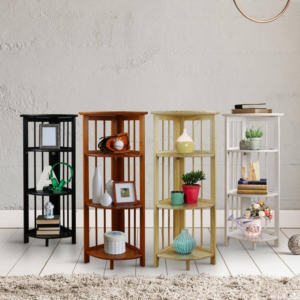 Natural Solid Wood 4-Shelf Corner Folding Bookcase