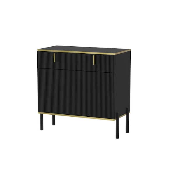 FUFU&GAGA Black Wooden 31.4 in. W MDF Sideboard, Storage Cabinet with 2 Drawers, 2 Doors, 4 Doors and Vertical Wavy Front Surface