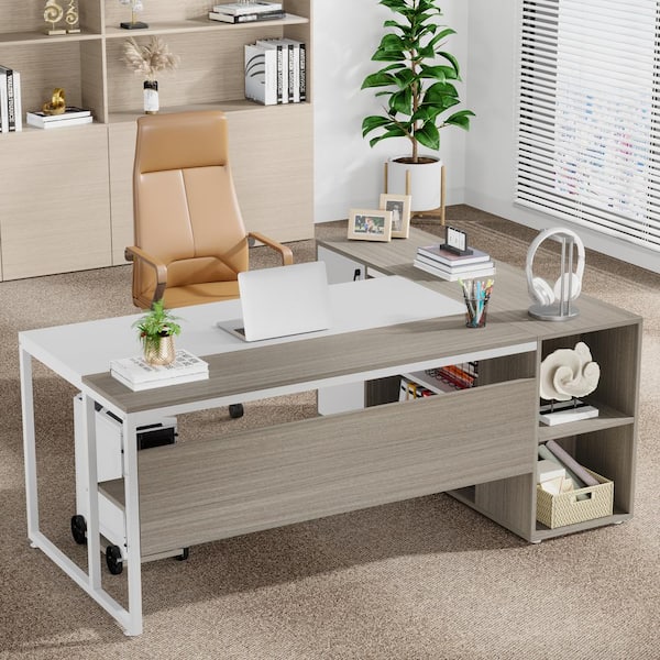 BYBLIGHT Lanita 71 in. L Shaped Gray Engineered Wood Executive Desk Large Computer Desk with File Cabinet for Home Office
