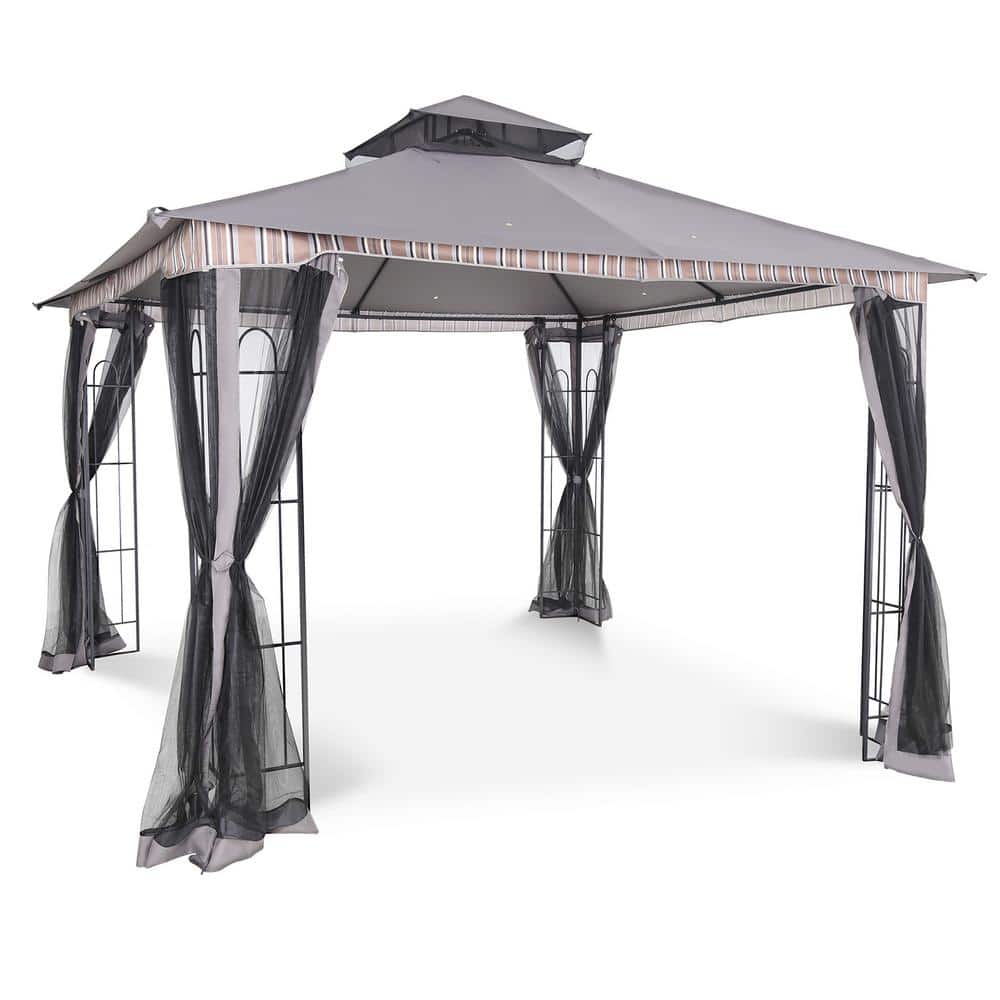 Gray and Black Metal Patio Gazebo with Mosquito Netting